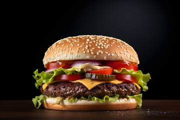 Wall Mural - fresh tasty delicious burger with beef patty, lettuce, onions, tomatoes and cucumbers, big fresh hamburger with extra filling on wooden table isolated on dark background with copy space