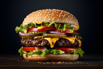 Wall Mural - fresh tasty delicious burger with beef patty, lettuce, onions, tomatoes and cucumbers, big fresh hamburger with extra filling on wooden table isolated on dark background with copy space