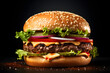 © Real Stuff - fresh tasty delicious burger with beef patty, lettuce, onions, tomatoes and cucumbers, big fresh hamburger with extra filling on wooden table isolated on dark background with copy space