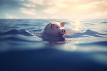 Piggybank Drowning Crisis. Financial Savings Capital Under The Water. Generate Ai