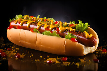 Wall Mural - Barbecue Grilled Hot Dog with extra filling, hotdog with a large sausage filled with melted mayonnaise and ketchup isolated on a dark background with copy space