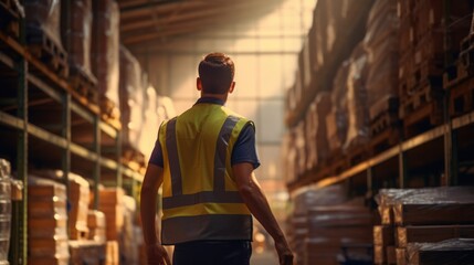 Poster - A man in a yellow vest is walking through a warehouse. This image can be used to depict industrial work, logistics, or storage facilities