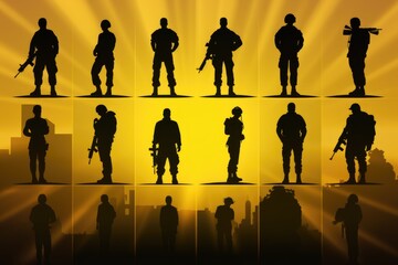 Poster - Silhouettes of soldiers holding guns. Suitable for military, warfare, or action-themed projects