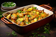 Turmeric chicken casserole in baking dish copy space image