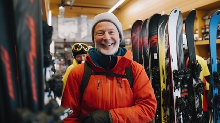 Sticker - A man standing confidently in front of a collection of skis. Suitable for sports and adventure-themed projects