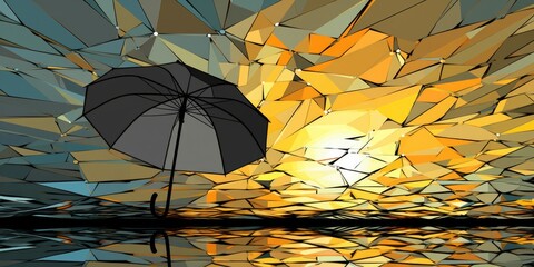 Poster - A painting of a broken umbrella illuminated by the sun. Can be used to depict a sense of abandonment or the passing of time