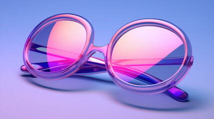 Vibrant pink-toned round glasses on a blue surface.