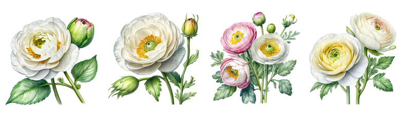 Wall Mural - set of watercolor ranunculus flower clipart  on transparent background