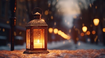 Aufkleber - A peaceful scene of a snowy street with a candle lit, creating a warm and inviting atmosphere. Perfect for winter-themed designs or holiday greetings