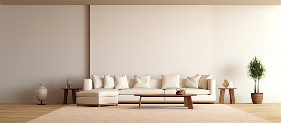 Canvas Print - Spacious room with tan rug and white leather seating.