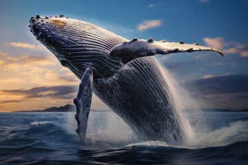 Poster - A stunning image capturing a humpback whale leaping out of the water. Perfect for nature enthusiasts and marine-themed projects