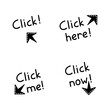 Doodle click here button. Mouse cursor for website or computer application, hand drawn vector arrow pointer