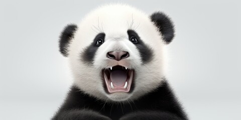 Poster - Close-up view of a panda bear with its mouth wide open. This image can be used to depict the unique features and expressions of panda bears.