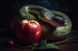 Snake alluring apple fruit sin. Ancient paradise tempting devil with forbidden fruit. Generate ai