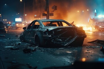 A car parked on the side of the road, possibly abandoned. This image can be used to illustrate concepts such as car trouble, roadside emergencies, or deserted locations