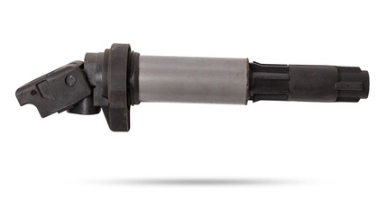 Poster - Black ignition coil for engine, isolated on white background. Spare parts for vehicle repair in garage.