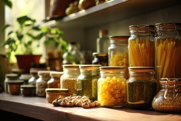 Poster - A collection of food jars neatly arranged on a shelf. This versatile image can be used to showcase various food products or to represent organized storage