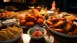 Traditional Turkish and Greek dinner appetizer table with fried chicken wings, olives, ketchup and mayonnaise