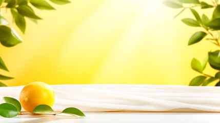 Summer sunny scene stage for montage your product, presentation or promotion sale with lemon branches and green leaves against yellow wall. Show case for natural cosmetic or food products. Template