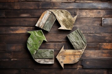 Wall Mural - 3d recycle symbol made of recycled wooden planks on a wooden boards background. ecology and environm