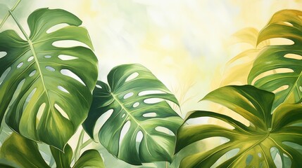 Wall Mural - Watercolor background with green gold and elegant nature Golden leaf philodendron with monstera plant art