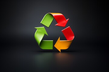 Wall Mural - 3d recycle symbol painted green, red and yellow isolated on the black background. ecology and enviro