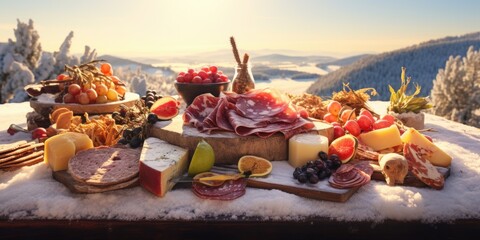 Poster - A table adorned with an abundance of food, covered in a blanket of snow. Perfect for winter-themed events and holiday celebrations