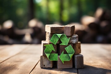Wall Mural - 3d green recycle symbol placed on wooden blocks lying on wooden platform on the background of green 