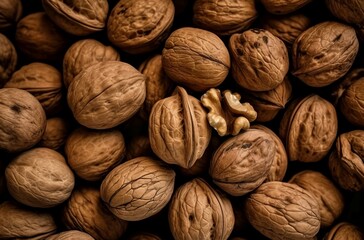 Poster - Walnut background top view snack food. Nature raw nut organic ingredient. Generate Ai