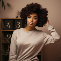 Wall Mural - portrait of a black woman wearing a plain blank beige sweatshirt. natural hair. professional mockup