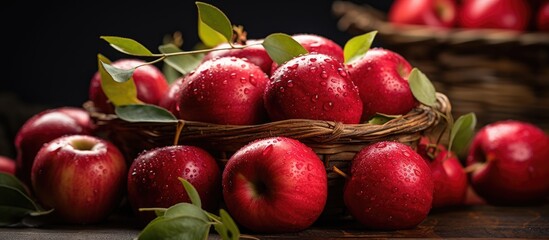 Canvas Print - Red apples freshly harvested in vintage basket with shallow depth of field.