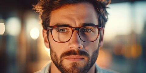 Aufkleber - A detailed close-up shot of a man with glasses and a beard. Perfect for professional profiles and portraits