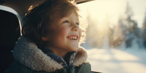 Poster - A little boy sitting in the back seat of a car. Perfect for illustrating family road trips or child safety in vehicles