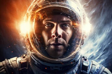 Poster - A close-up view of a person wearing a space suit. This image can be used to depict space exploration, astronaut training, or futuristic concepts