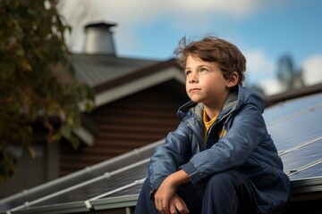 Wall Mural - A young environmentally conscious boy sits on the solar panels and looks though the sky