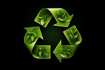 Wall Mural - 3d recycle symbol with green leaves pattern isolated on the black background. ecology and environmen