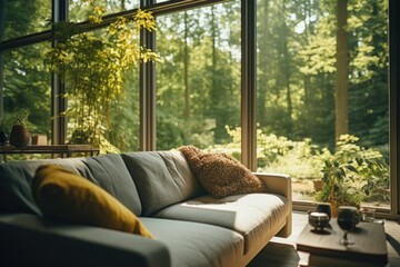 Poster - A couch placed in front of a spacious window, providing a comfortable and scenic seating area. Suitable for interior design concepts or home decor inspiration