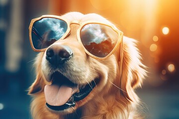 Wall Mural - A stylish golden retriever dog confidently struts down a bustling city street, sporting trendy sunglasses. Perfect for adding a touch of coolness and fun to any project