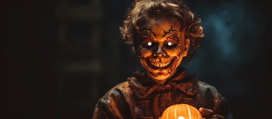 Poster - A boy in a Halloween costume goes trick-or-treating with a pumpkin painted on his face and a lantern.