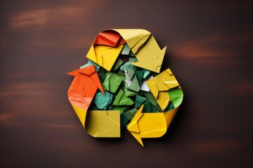 Wall Mural - 3d recycle symbol painted green, red and yellow isolated on the brown background. ecology and enviro