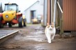 a cat on patrol between farm equipment and storage sheds