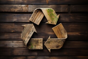 Wall Mural - 3d recycle symbol made of recycled wooden planks on a wooden boards background. ecology and environm