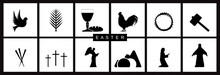 Easter, Set Of Icons On A White Background. Dove, Willow, Wine Cup With Bread, Rooster, Crown Of Thorns, Hammer, Nails, Cross, Angel, Cave, Mary, Jesus Christ.