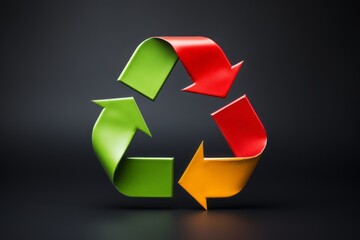 Wall Mural - 3d recycle symbol painted green, red and yellow isolated on the black background. ecology and enviro