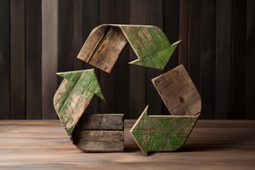 Wall Mural - 3d recycle symbol made of recycled wooden planks on a wooden boards background. ecology and environm
