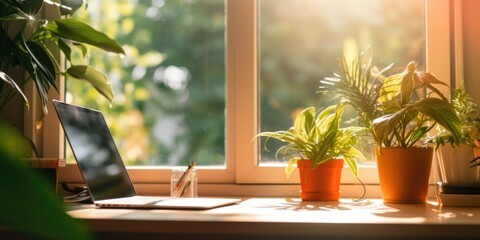 Poster - A laptop computer placed on a sturdy wooden desk. Suitable for technology-related designs or office-themed projects