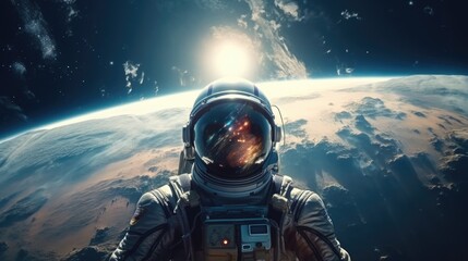 Poster - A man in a space suit stands in front of a planet. This image can be used to depict exploration, space travel, or futuristic concepts