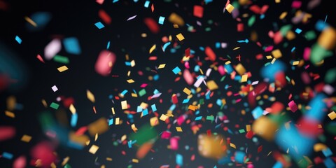 Poster - Colorful confetti scattered on a black background. Perfect for celebrations and parties
