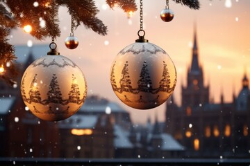 Aufkleber - Two Christmas ornaments hanging from a tree in the snow. Perfect for holiday decorations and festive designs