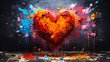 Vibrant heart-shaped graffiti artwork on urban wall with vivid splashes of pink, blue, and orange colors, embodying the spirit of street art and love